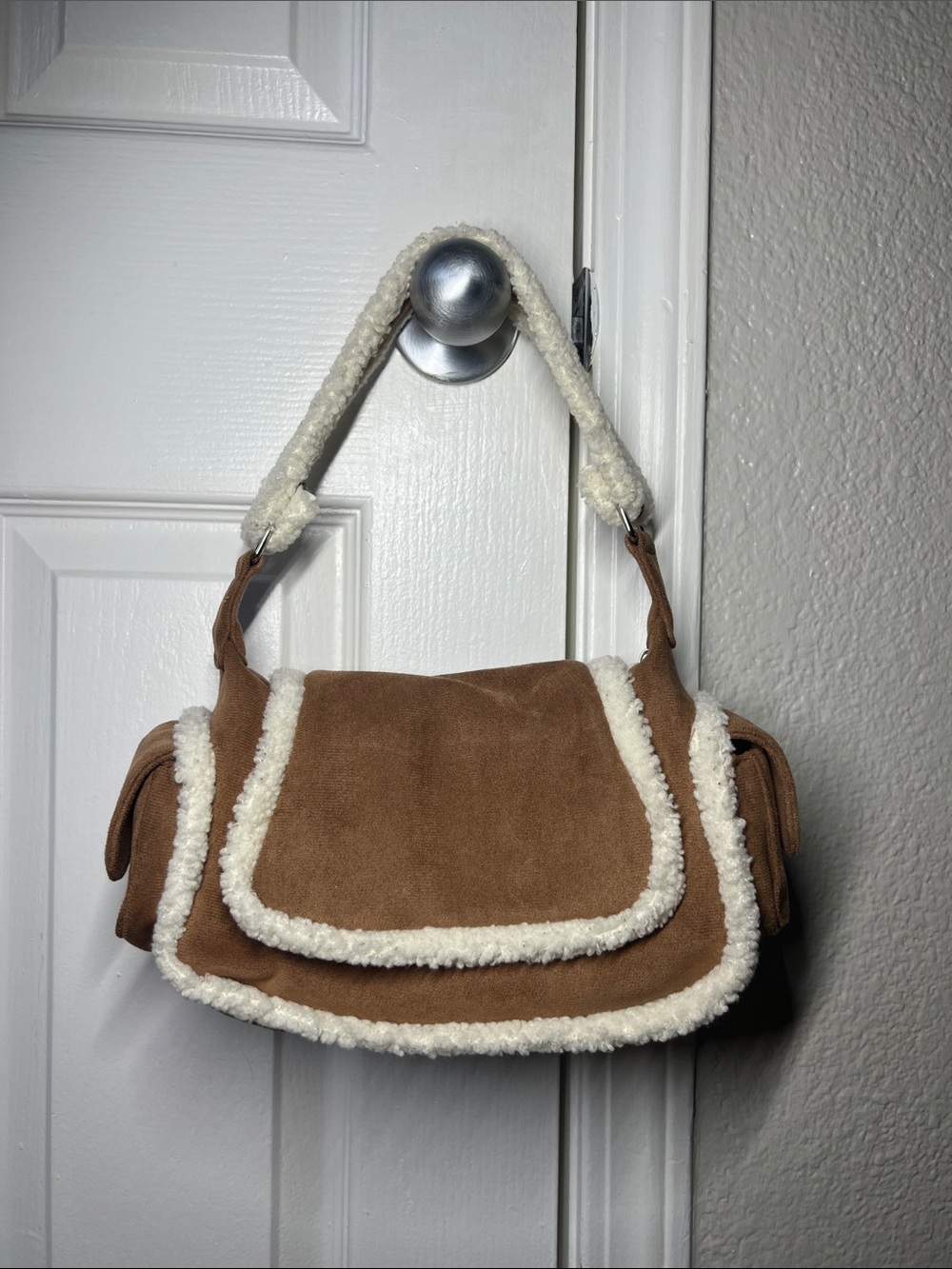 Fashion Nova Brown Suede Shoulder Bag with Cream Shearling Trim